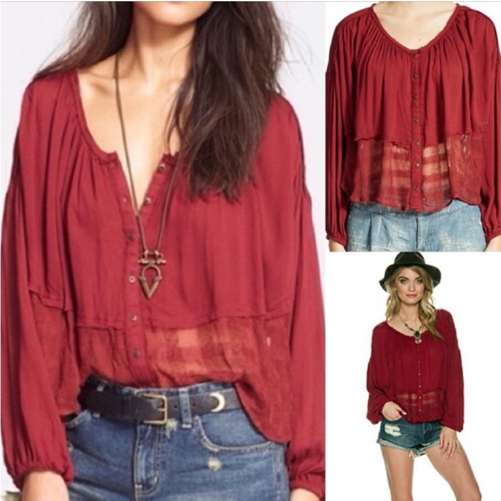 Free People Cranberry Crochet Lace Raw Edge Swing Blouse Top